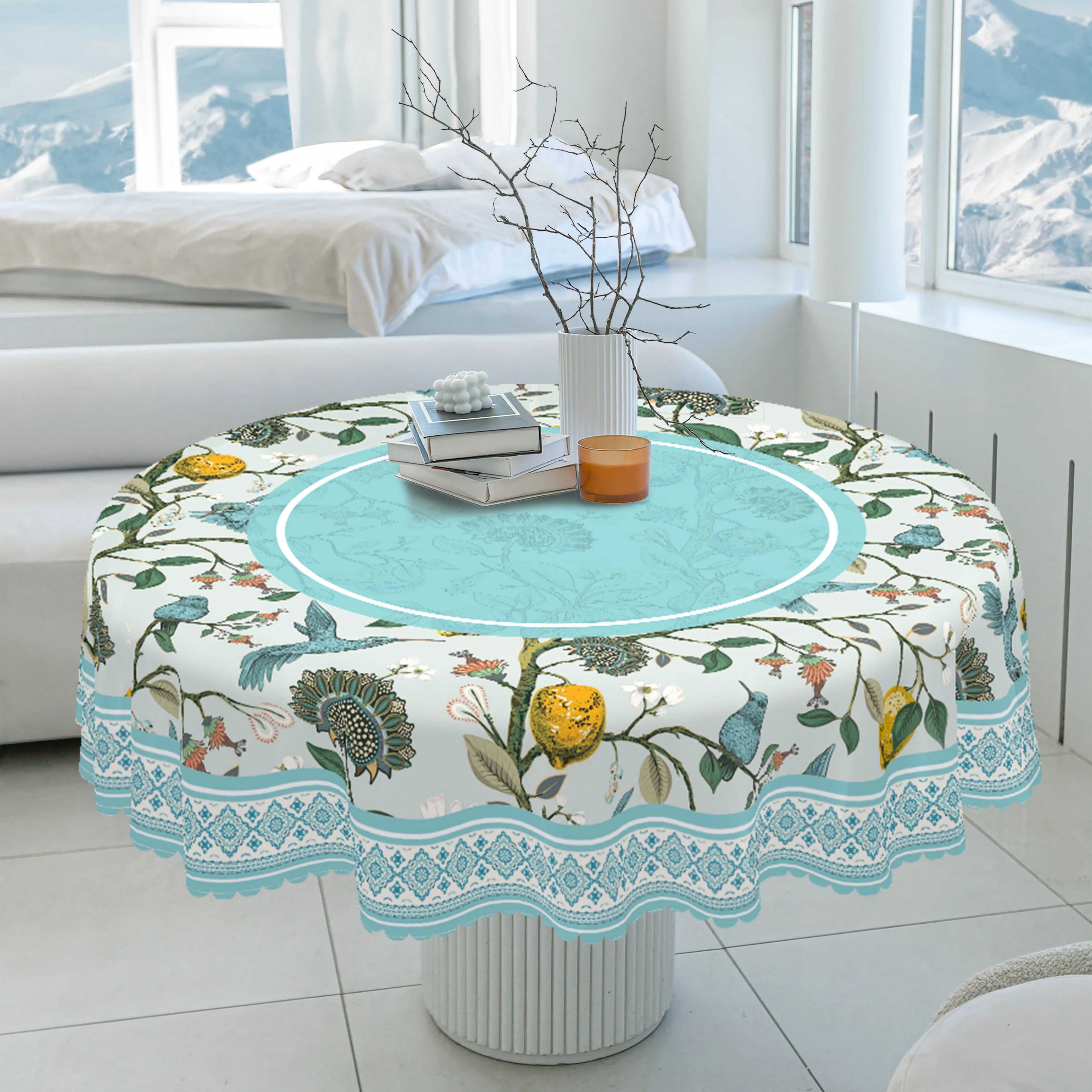Toalha de mesa estilo vintage, design floral retrô clássico, beija-flor, galhos, limões vibrantes, bordas em relevo, à prova d'água, resistente ao desbotamento, adequado para mesa de jantar, varanda P-084