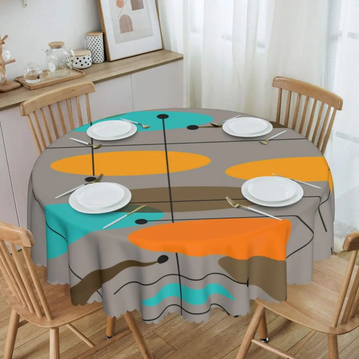 Orange Wave Gradient Retro Pattern Round Tablecloths 60 Inch Abstract Geometric Table Covers for Kitchen Table Cloth