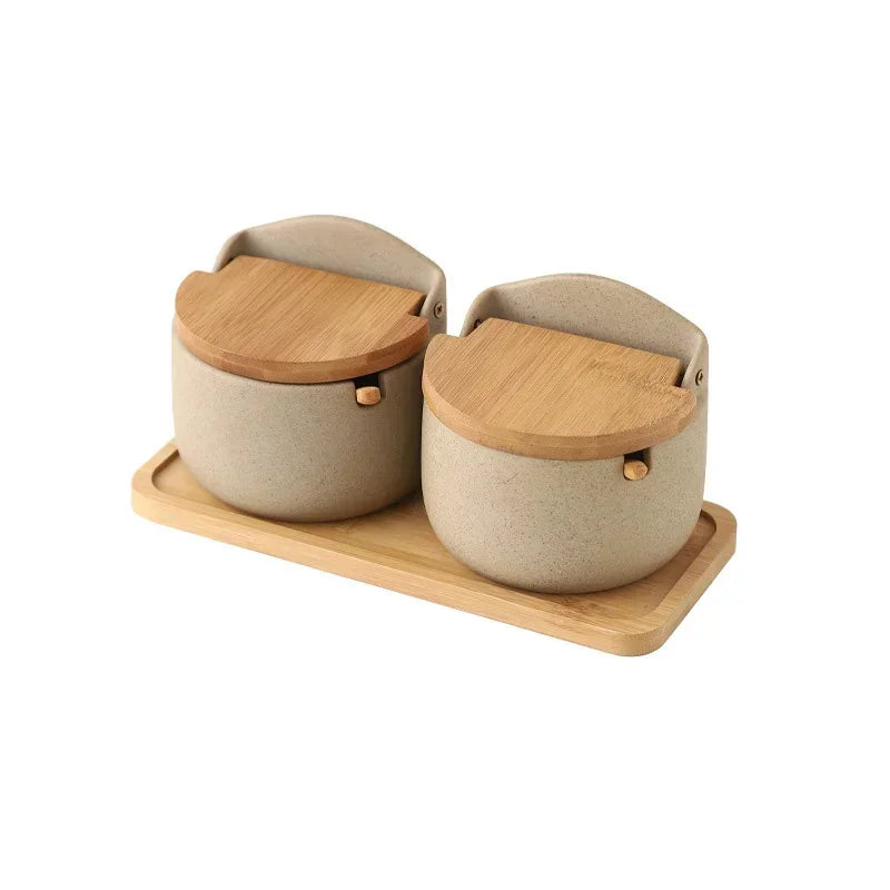 Jarra de tempero de cerâmica estilo japonês, tampa de bambu, jarra de especiarias com colher, cozinha, açúcar, sal, especiarias, caixa de armazenamento, recipiente doméstico