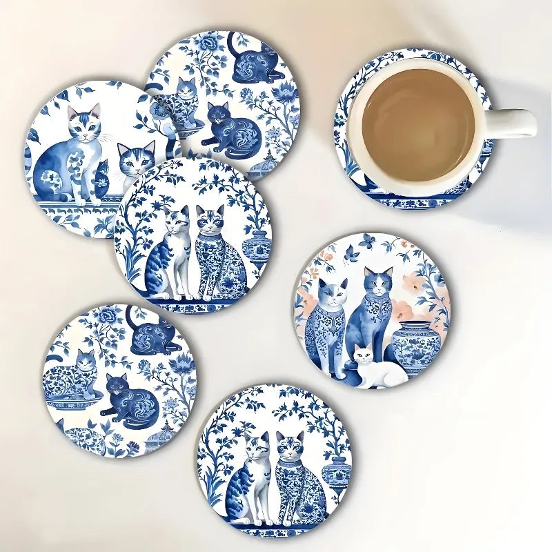 Conjunto de 6 porta-copos - Base de madeira de gato de cerâmica com ilustração felina floral, perfeita para mesa de centro, cozinha, decoração de sala de estar