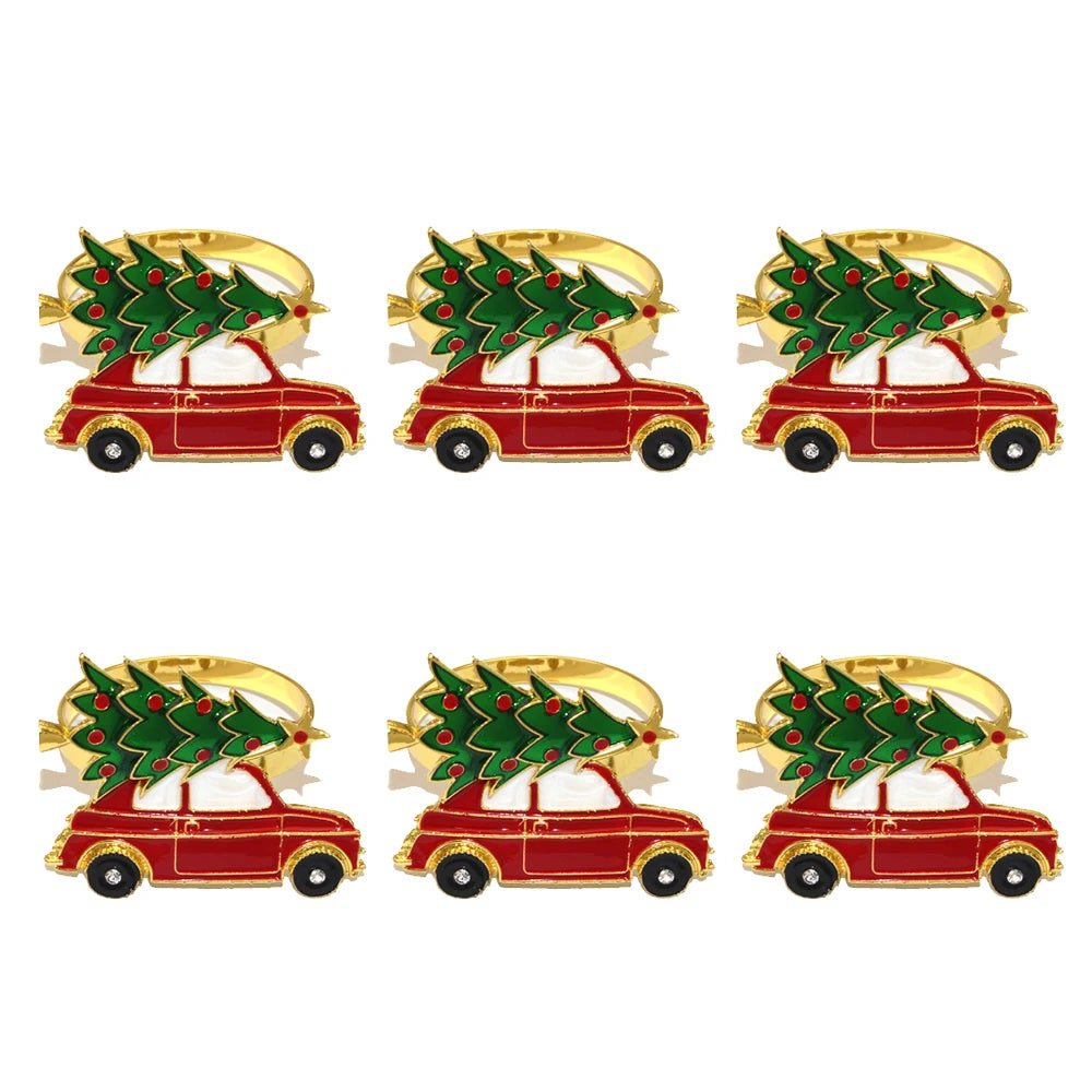 6 pçs anéis de guardanapo de natal árvore de natal floco de neve veados quebra-nozes guardanapo titular fivela de guardanapo de ouro para festa de natal decoração de mesa