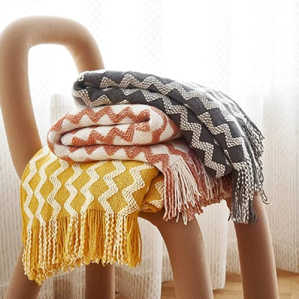 Cobertor de malha acrílica onda cinza, leve e macio, cobertor decorativo com borlas para viagens, sofá, cama