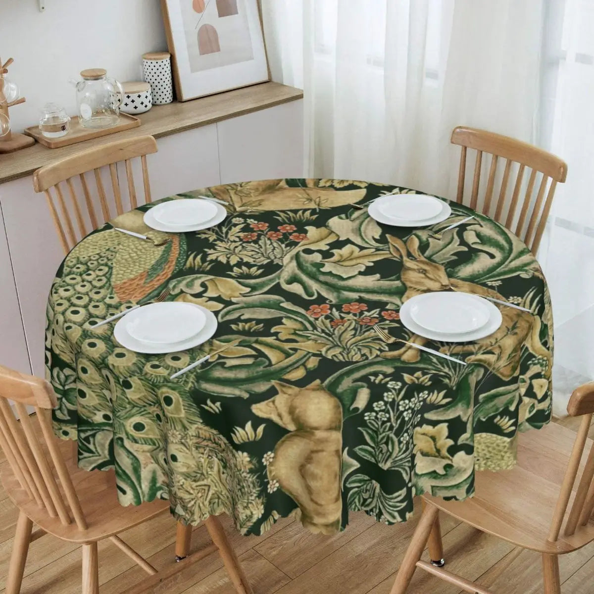Redonda Pavões E Raposa Por William Morris Toalha De Mesa À Prova De Óleo À Prova D' Água Cobre Animais Da Floresta Têxtil Padrão Toalha De Mesa