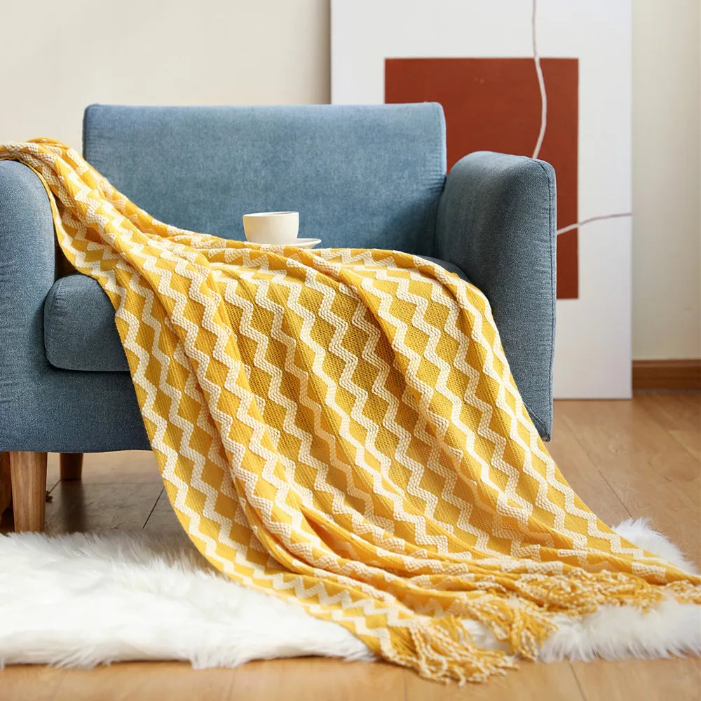 Cobertor de malha acrílica onda cinza, leve e macio, cobertor decorativo com borlas para viagens, sofá, cama