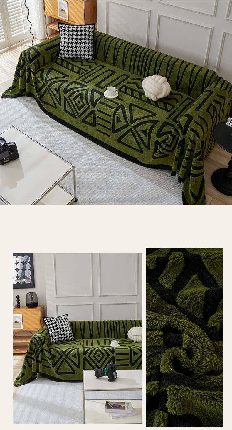 Capa de sofá de pelúcia de lã polar, espessura de pano, antiderrapante, toalha de sofá, estampa geométrica, almofada de assento, cobertor de cobertura completa