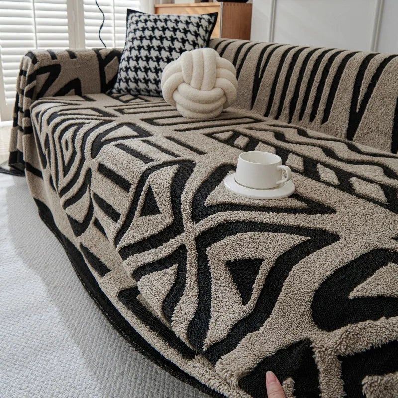 Capa de sofá de pelúcia de lã polar, espessura de pano, antiderrapante, toalha de sofá, estampa geométrica, almofada de assento, cobertor de cobertura completa