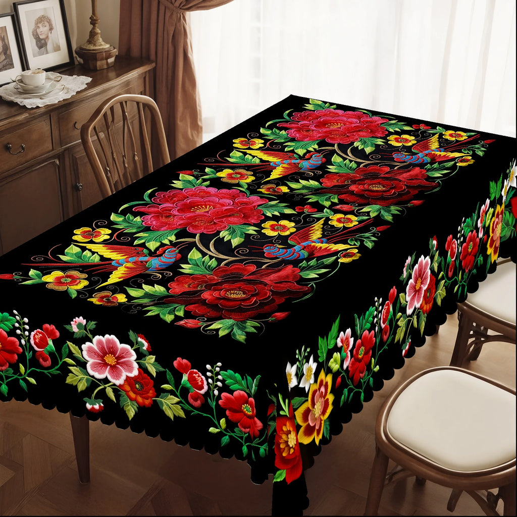 1 peça, toalha de mesa de flores coloridas estilo mexicano vibrante + 4 peças autoadesivas, impressão de padrão de flor, borda em relevo, adequada para decoração de casa de cozinha, toalha de mesa de decoração de festa, presente perfeito, primavera, verão e outono, perfeita para decoração de jantar interno/externo