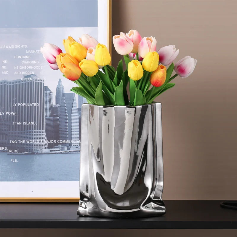 Prata ruffled flor vaso de cerâmica porcelana arranjo flor decoração saco forma terrário vasos decoração para casa