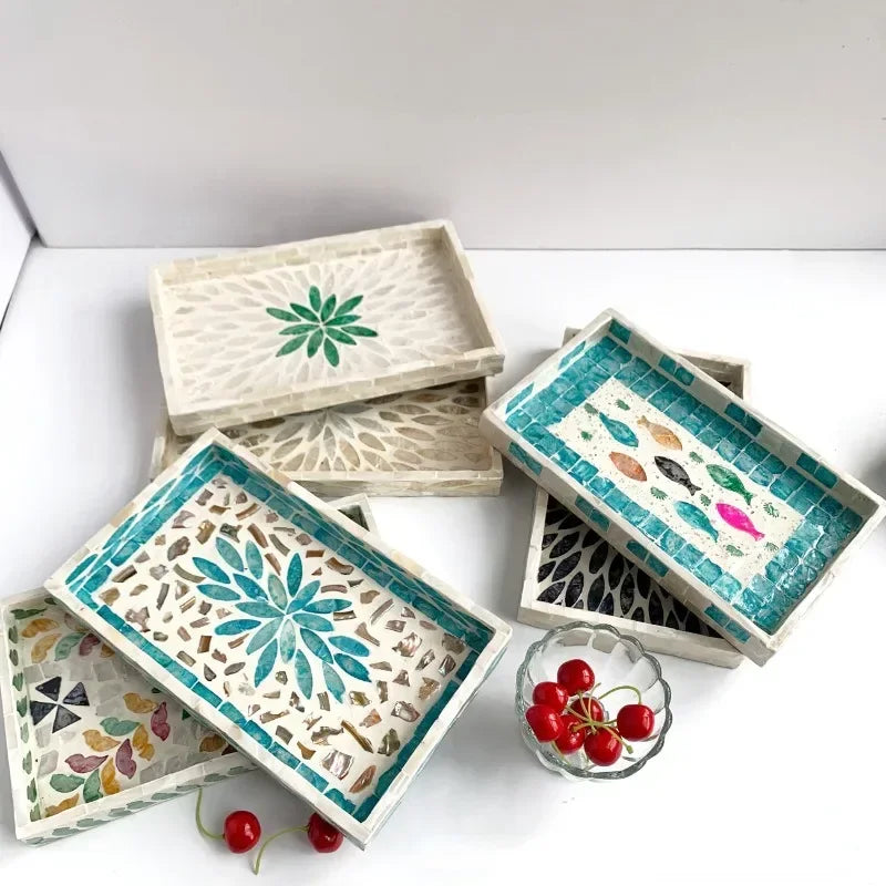 Bandeja retangular de concha oval, placa de armazenamento colorida, sala de estar, bolo, café, restaurante, decorações de armazenamento, organizador de joias