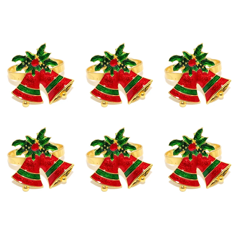6 pçs anéis de guardanapo de natal árvore de natal floco de neve veados quebra-nozes guardanapo titular fivela de guardanapo de ouro para festa de natal decoração de mesa