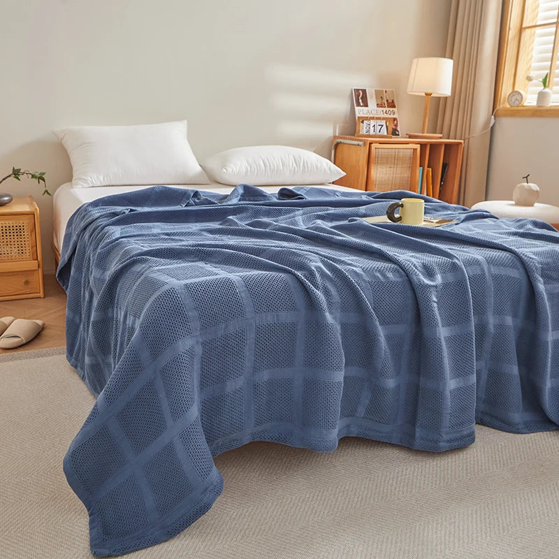Cobertor de algodão puro, grade de favo de mel, colcha de verão sólida, cobertores de cochilo respiráveis, lençol azul para crianças adultas e bebês 150*200cm