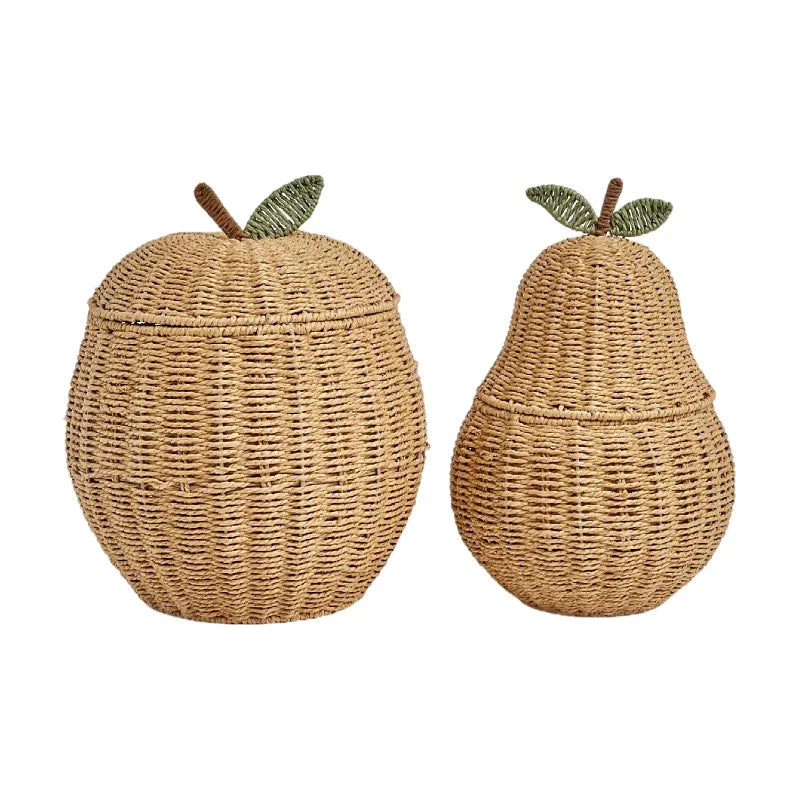 Boho artesanal tecido à mão rattan natural em forma de pêra cesta de armazenamento organizador bandeja de mesa decoração para casa padrão de frutas eco-amigável