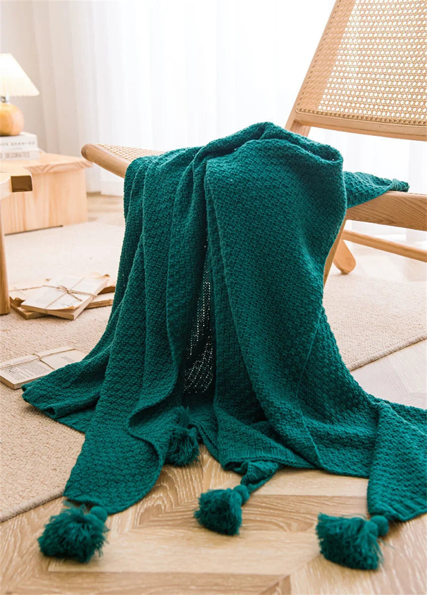 Cobertores nórdicos para cama, sofá, colcha de malha grossa, cobertor de malha com borla, cor lisa, waffle em relevo