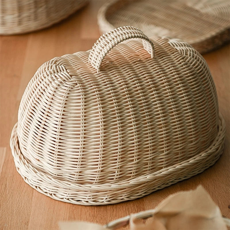 Handwoven Rattan Bread Basket, alimentos frutas e legumes servindo cestas, capa à prova de poeira, organizador despensa para cozinha