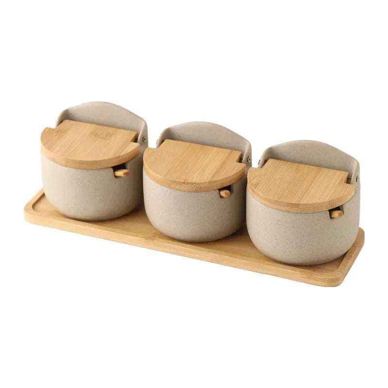 Jarra de tempero de cerâmica estilo japonês, tampa de bambu, jarra de especiarias com colher, cozinha, açúcar, sal, especiarias, caixa de armazenamento, recipiente doméstico