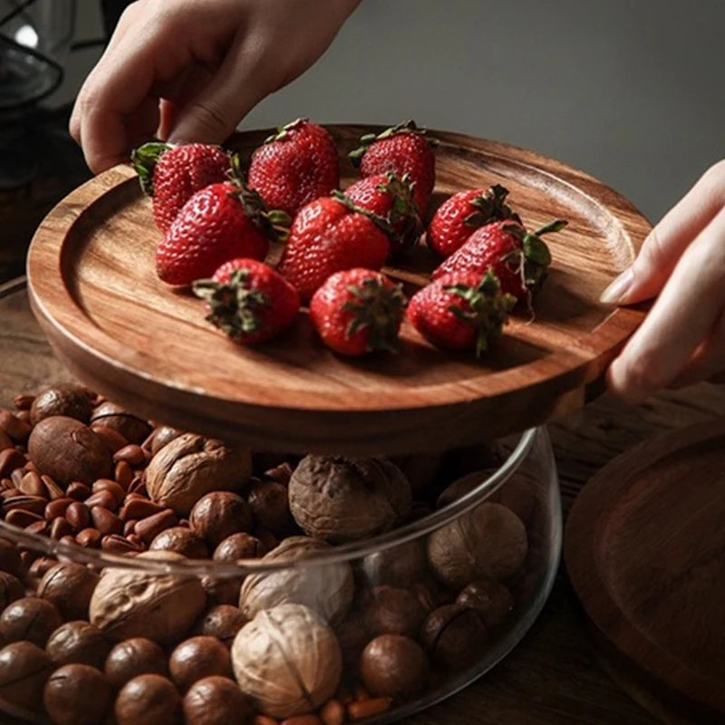 Recipientes de armazenamento de alimentos de vidro criativo com tampa de madeira cozinha lanche frutas doces porca organizador de armazenamento de artigos diversos para cozinha
