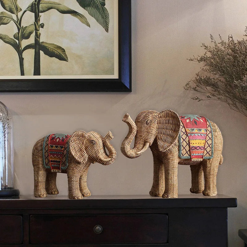 Ornamentos de artesanato de resina trançado pintados à mão elefante ornamento simulação estátua animal artesanal elefante decoração