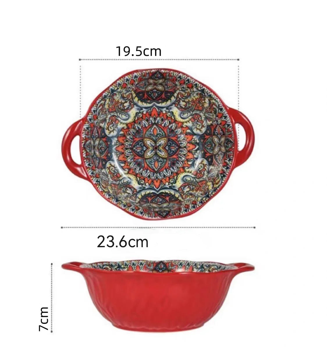 Tigela de sopa de cerâmica estilo boêmio com alça, design seguro para micro-ondas em relevo, ótimo para servir sopa, saladas, macarrão ramen