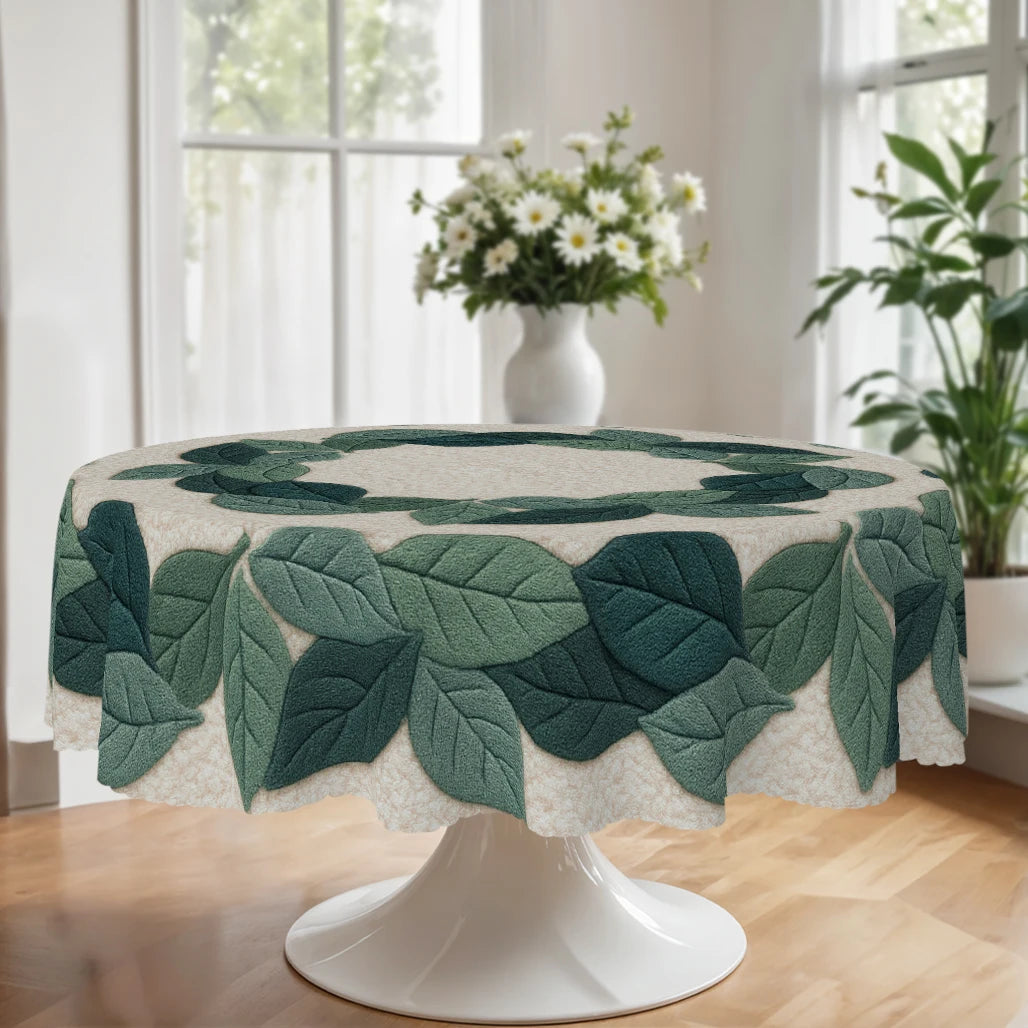 Toalha de mesa com tema de folhas verdes, padrão de impressão de folhas 3D, estilo simples, bordas em relevo, à prova d'água, resistente ao desbotamento, adequada para mesas de jantar retangulares e redondas, decoração de mesa de jantar P-95