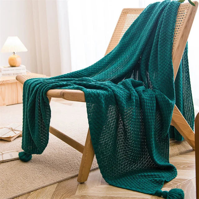 Cobertores nórdicos para cama, sofá, colcha de malha grossa, cobertor de malha com borla, cor lisa, waffle em relevo