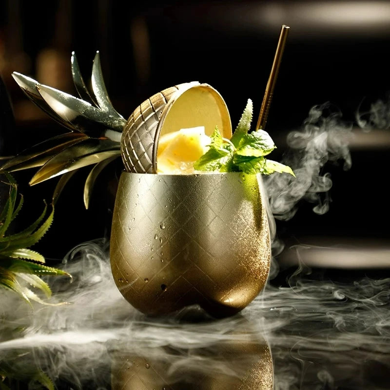 Copo de abacaxi de aço inoxidável, caneca mule de moscou, canecas de metal criativas, copos de vidro de coquetel com canudo e tampa, canecas de coquetel, ferramenta de bar