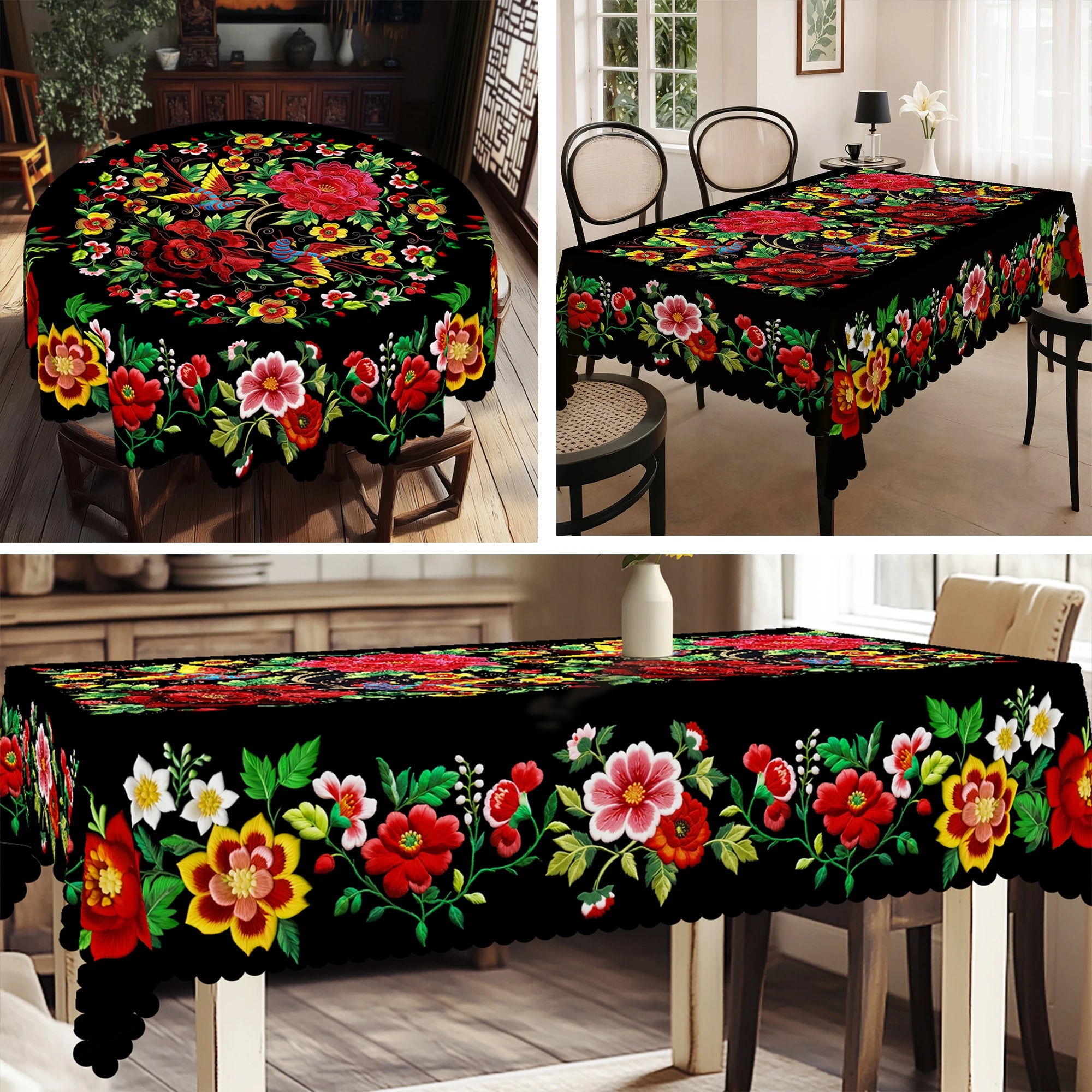 1 peça, toalha de mesa de flores coloridas estilo mexicano vibrante + 4 peças autoadesivas, impressão de padrão de flor, borda em relevo, adequada para decoração de casa de cozinha, toalha de mesa de decoração de festa, presente perfeito, primavera, verão e outono, perfeita para decoração de jantar interno/externo