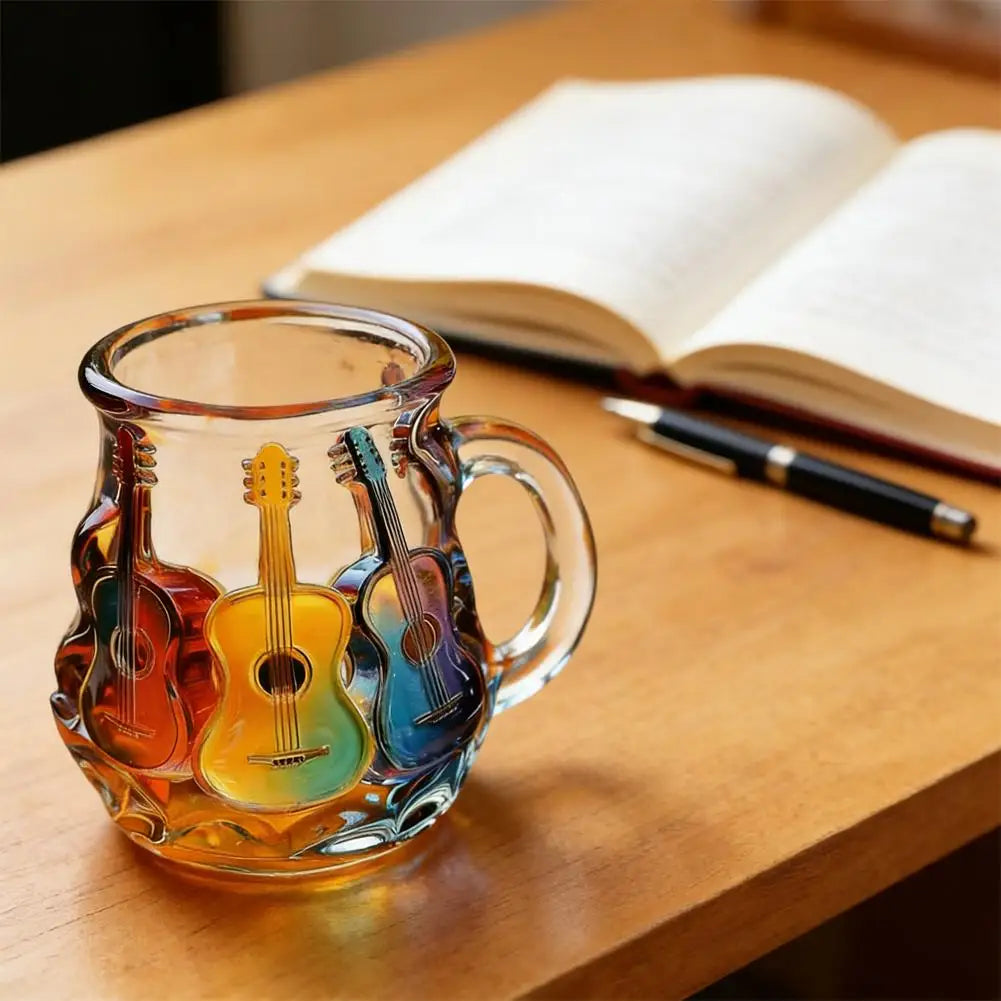 Copo de vidro de guitarra pintado 350ml novidade 3d pintado caneca de café exclusivo colorido pilha de guitarra copo de café coleção presentes