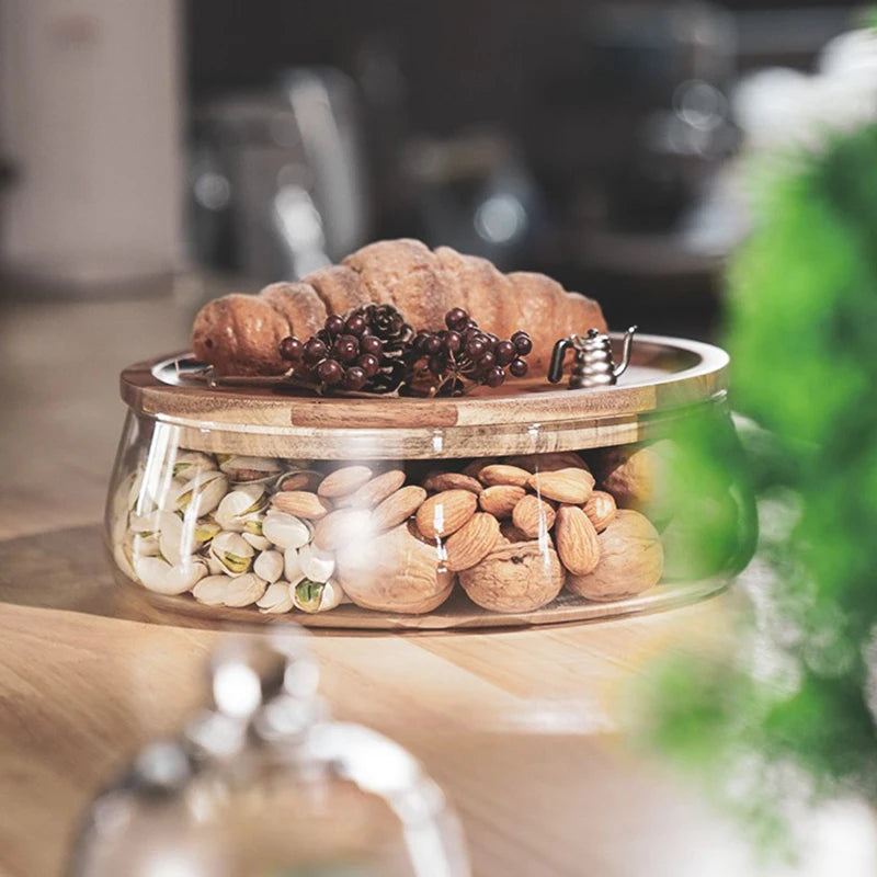 Recipientes de armazenamento de alimentos de vidro criativo com tampa de madeira cozinha lanche frutas doces porca organizador de armazenamento de artigos diversos para cozinha