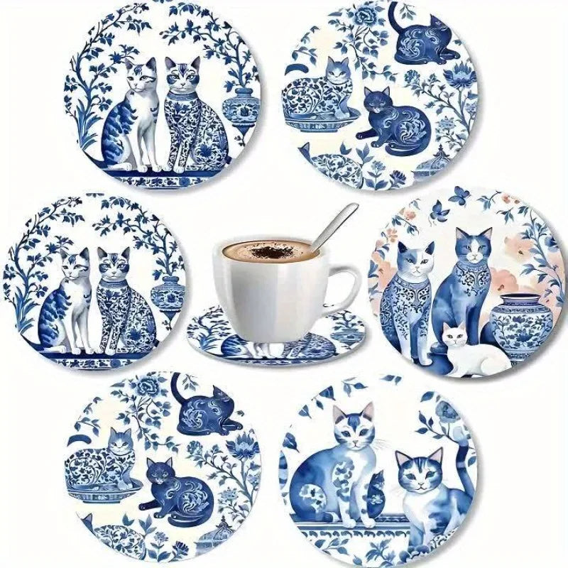 Conjunto de 6 porta-copos - Base de madeira de gato de cerâmica com ilustração felina floral, perfeita para mesa de centro, cozinha, decoração de sala de estar