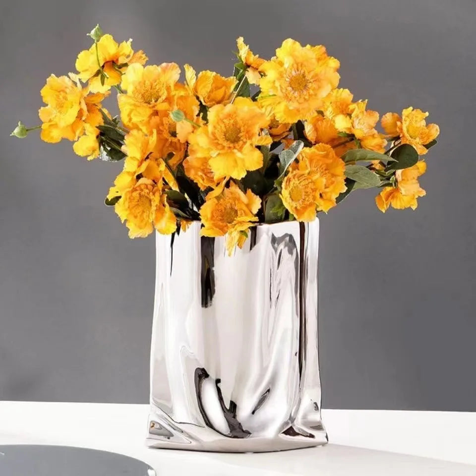 Prata ruffled flor vaso de cerâmica porcelana arranjo flor decoração saco forma terrário vasos decoração para casa