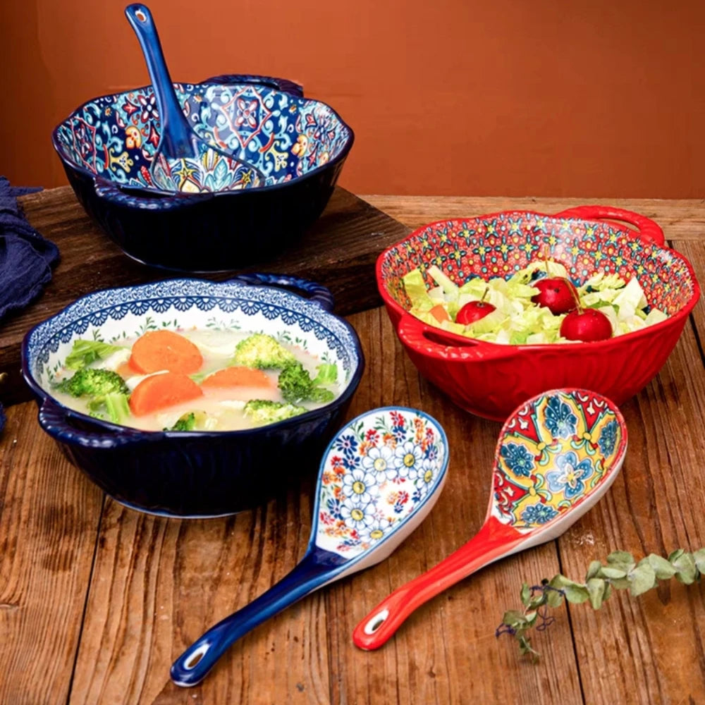 Tigela de sopa de cerâmica estilo boêmio com alça, design seguro para micro-ondas em relevo, ótimo para servir sopa, saladas, macarrão ramen