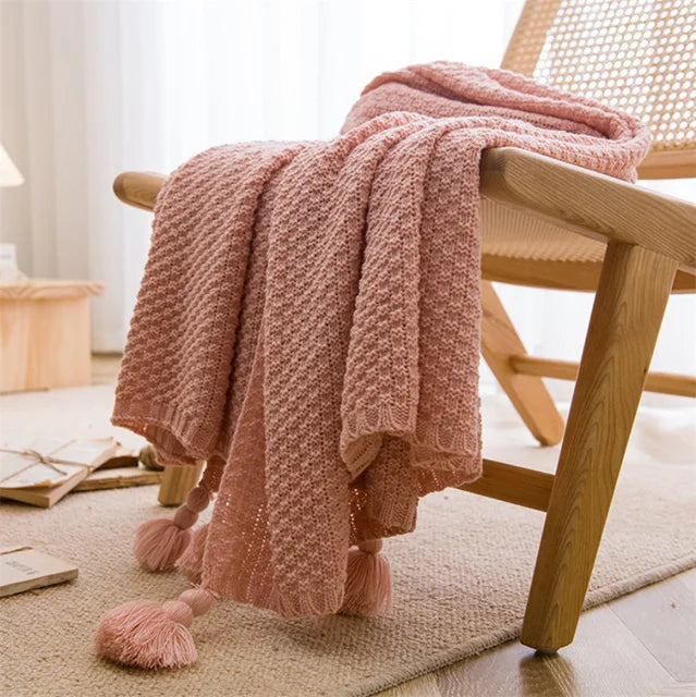 Cobertores nórdicos para cama, sofá, colcha de malha grossa, cobertor de malha com borla, cor lisa, waffle em relevo