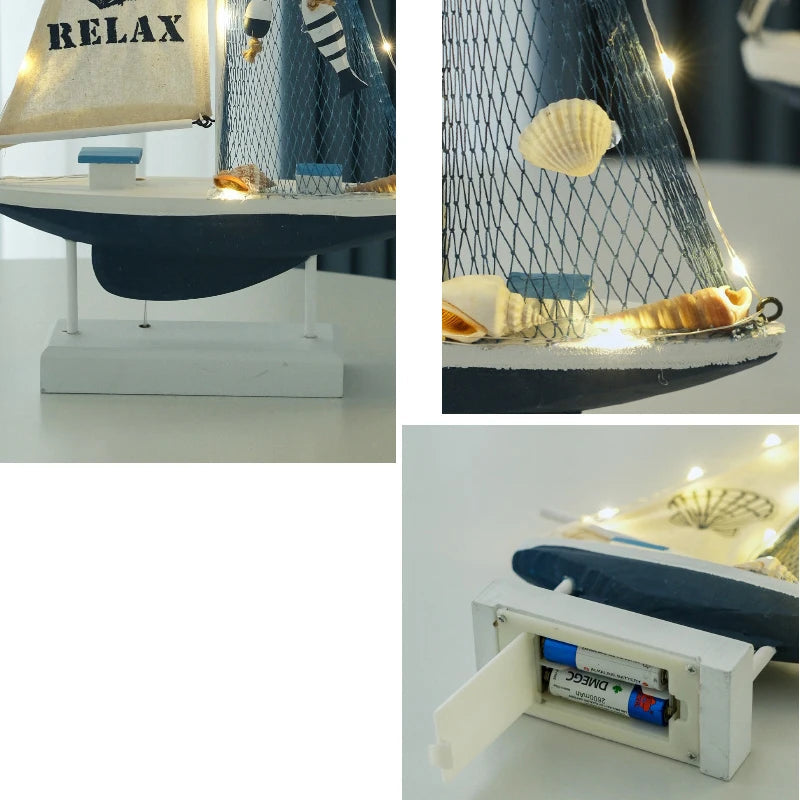 Retro estilo mediterrâneo de madeira led barco à vela modelo criativo oceano estilo desktop ornamento artesanato pequeno barco decoração para casa presente
