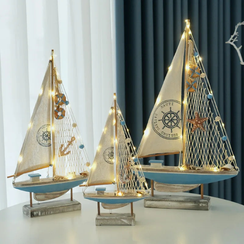 Retro estilo mediterrâneo de madeira led barco à vela modelo criativo oceano estilo desktop ornamento artesanato pequeno barco decoração para casa presente