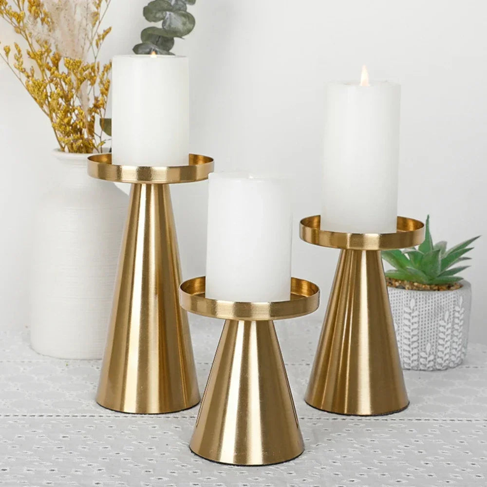 Castiçal dourado 3-1 conjunto, castiçal, pilar, recipiente de vela, suporte de metal cônico, decoração de casamento, luxo, presentes de dia dos namorados
