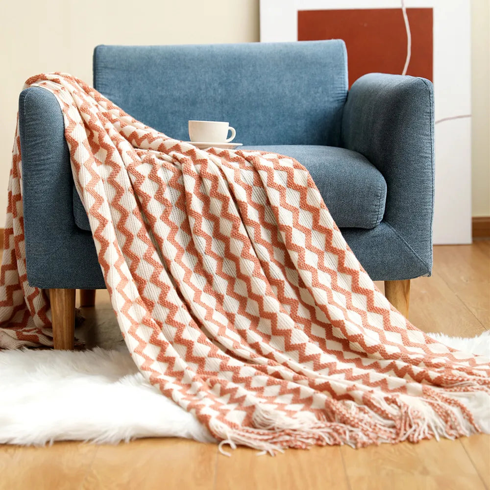 Cobertor de malha acrílica onda cinza, leve e macio, cobertor decorativo com borlas para viagens, sofá, cama
