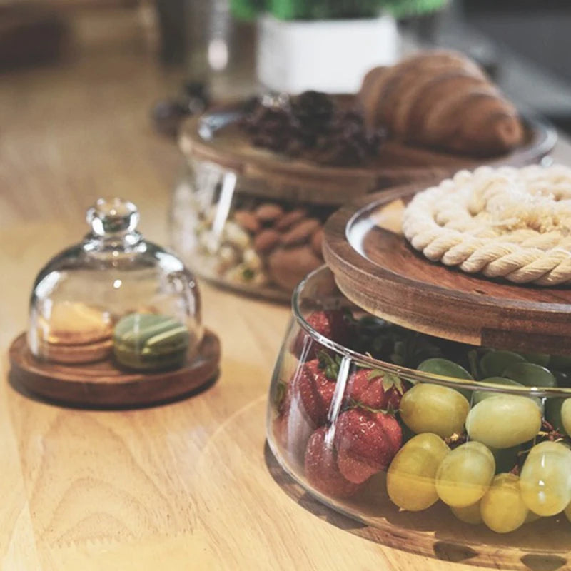 Recipientes de armazenamento de alimentos de vidro criativo com tampa de madeira cozinha lanche frutas doces porca organizador de armazenamento de artigos diversos para cozinha