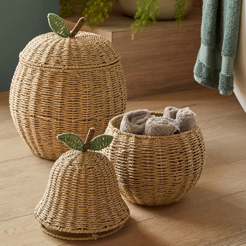 Boho artesanal tecido à mão rattan natural em forma de pêra cesta de armazenamento organizador bandeja de mesa decoração para casa padrão de frutas eco-amigável