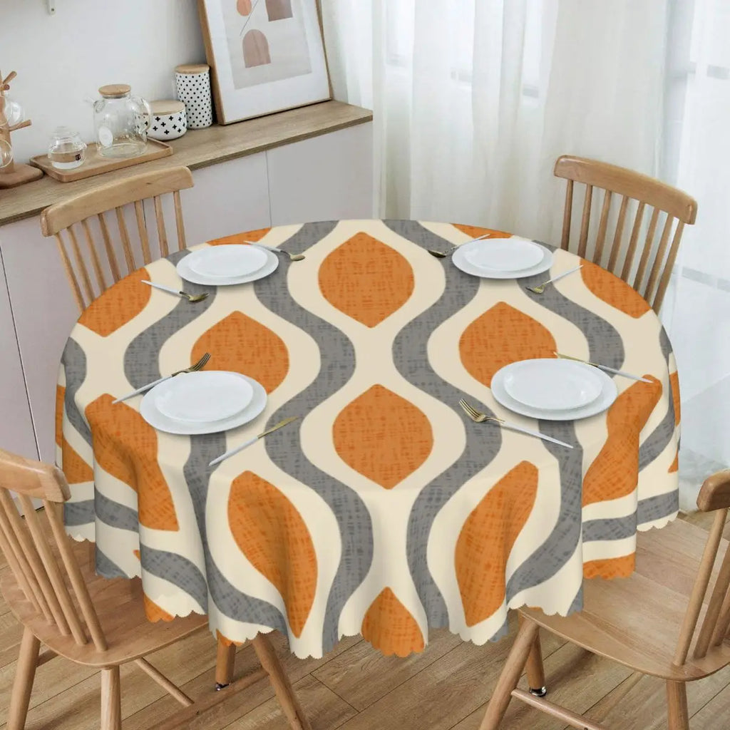 Orange Wave Gradient Retro Pattern Round Tablecloths 60 Inch Abstract Geometric Table Covers for Kitchen Table Cloth