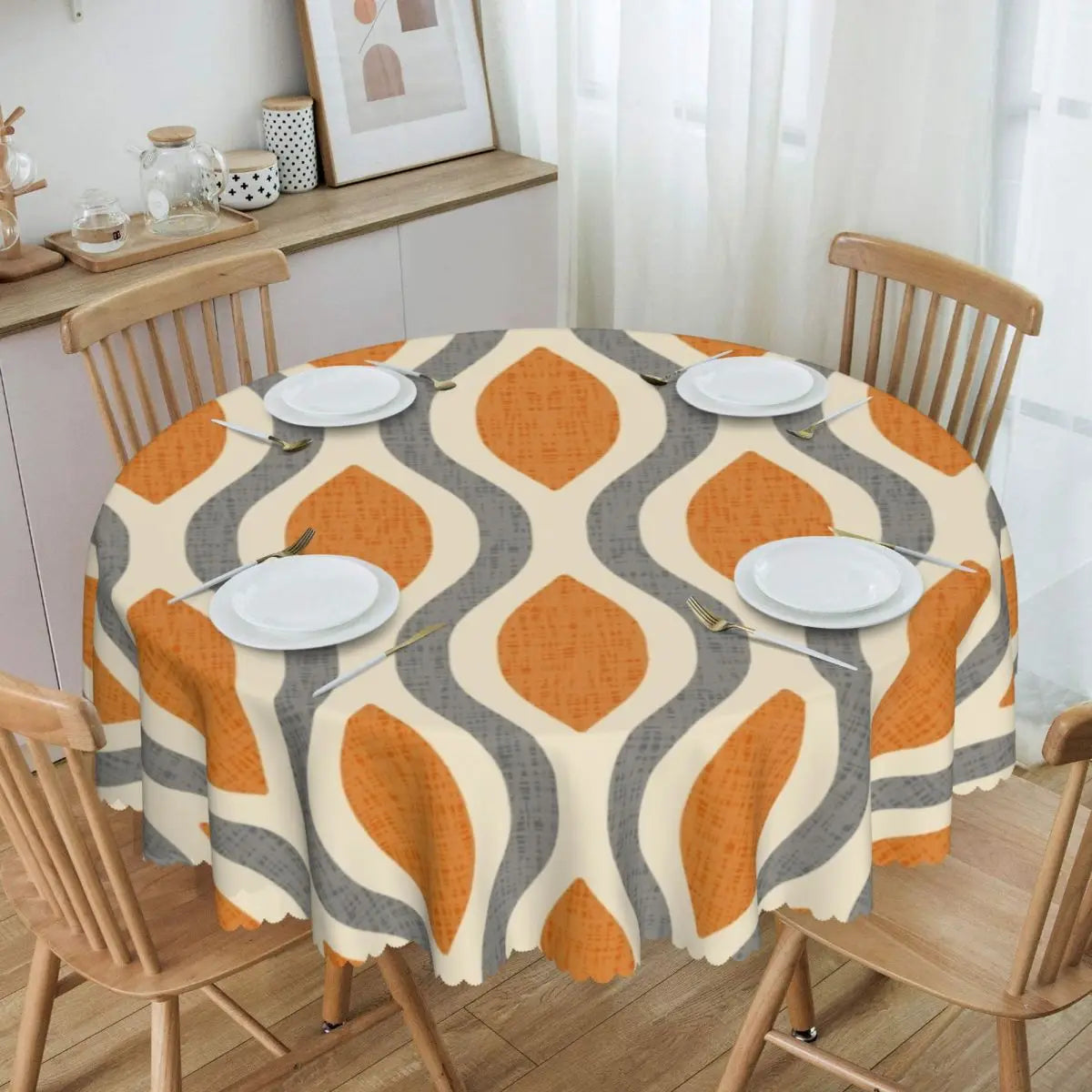 Orange Wave Gradient Retro Pattern Round Tablecloths 60 Inch Abstract Geometric Table Covers for Kitchen Table Cloth