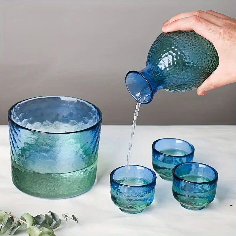 Conjunto de saquê de vidro martelado estilo japonês garrafa e copos de saquê utensílios de bar para casa