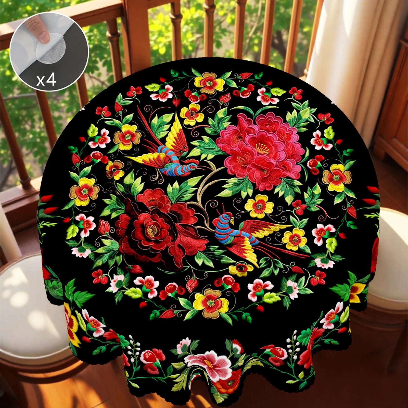 1 peça, toalha de mesa de flores coloridas estilo mexicano vibrante + 4 peças autoadesivas, impressão de padrão de flor, borda em relevo, adequada para decoração de casa de cozinha, toalha de mesa de decoração de festa, presente perfeito, primavera, verão e outono, perfeita para decoração de jantar interno/externo