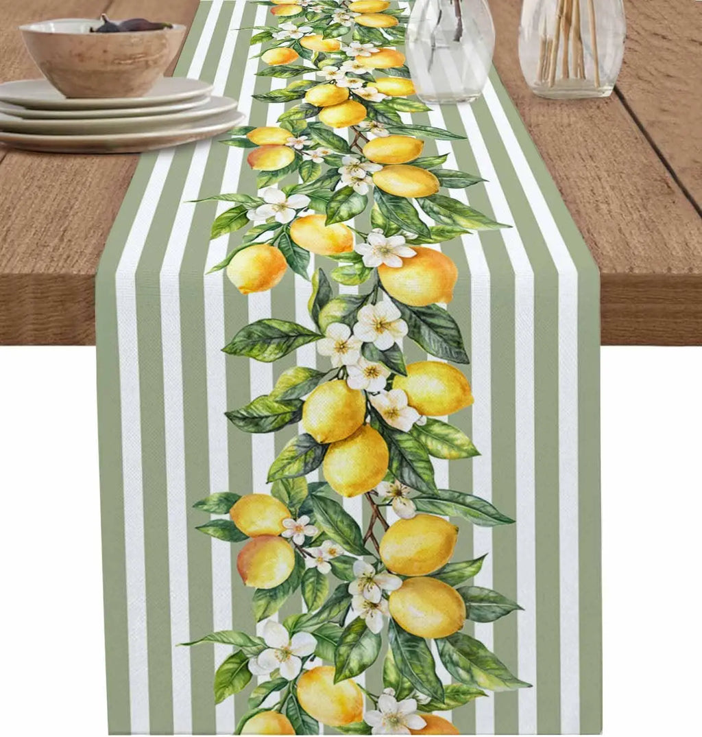 Verão limão frutas flores linho corredor de mesa cômoda cachecol decoração verde branco listrado corredores de mesa feriado cozinha festa decoração