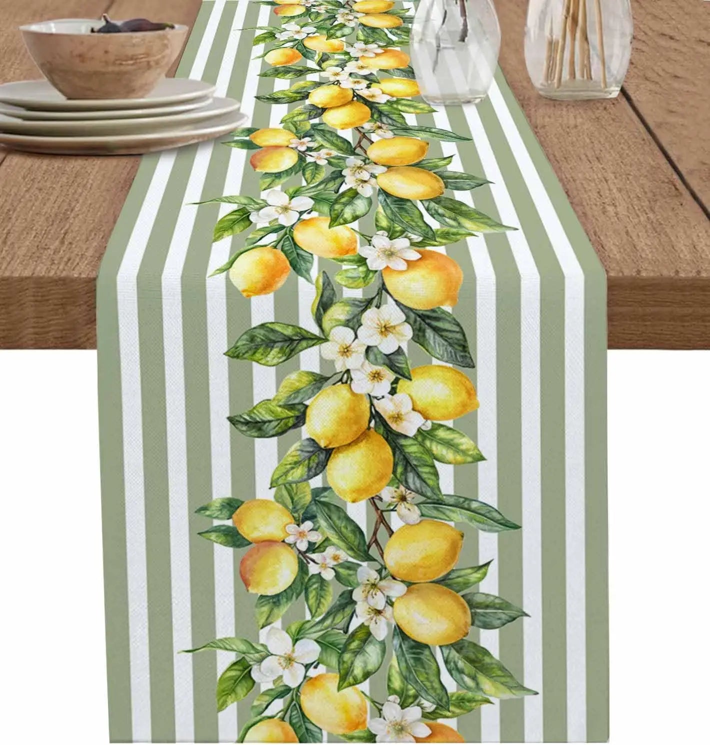 Verão limão frutas flores linho corredor de mesa cômoda cachecol decoração verde branco listrado corredores de mesa feriado cozinha festa decoração