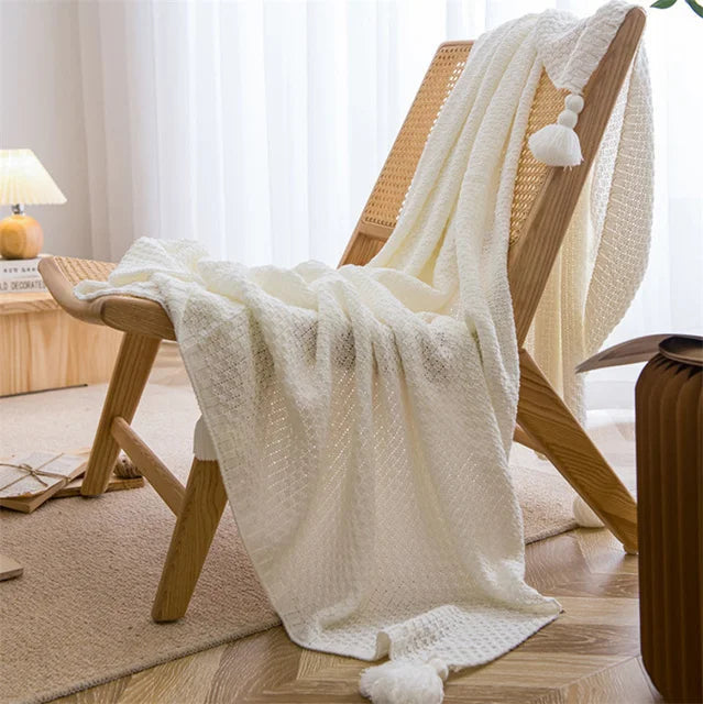 Cobertores nórdicos para cama, sofá, colcha de malha grossa, cobertor de malha com borla, cor lisa, waffle em relevo