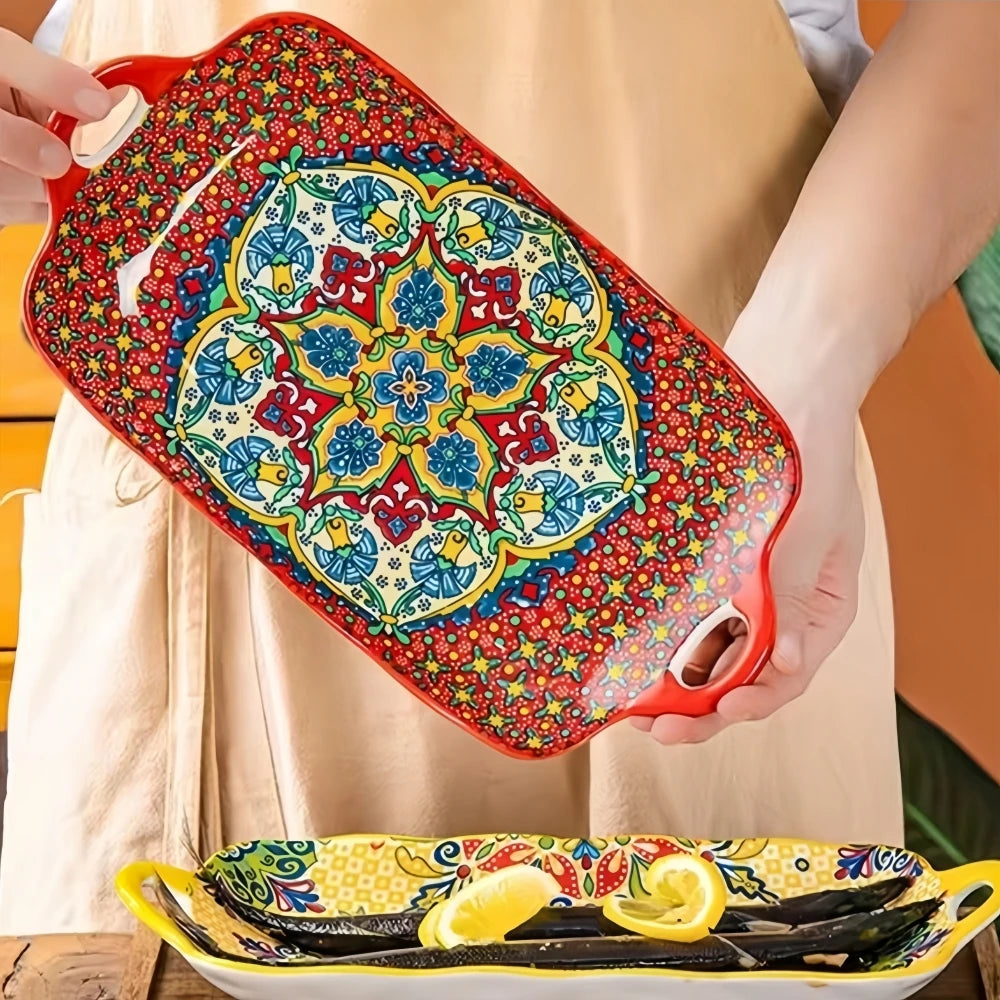 Prato de peixe de cerâmica estilo boêmio com alça: bandeja retangular de mesa de jantar de 12,8 polegadas, adequado para micro-ondas e forno, 1 peça