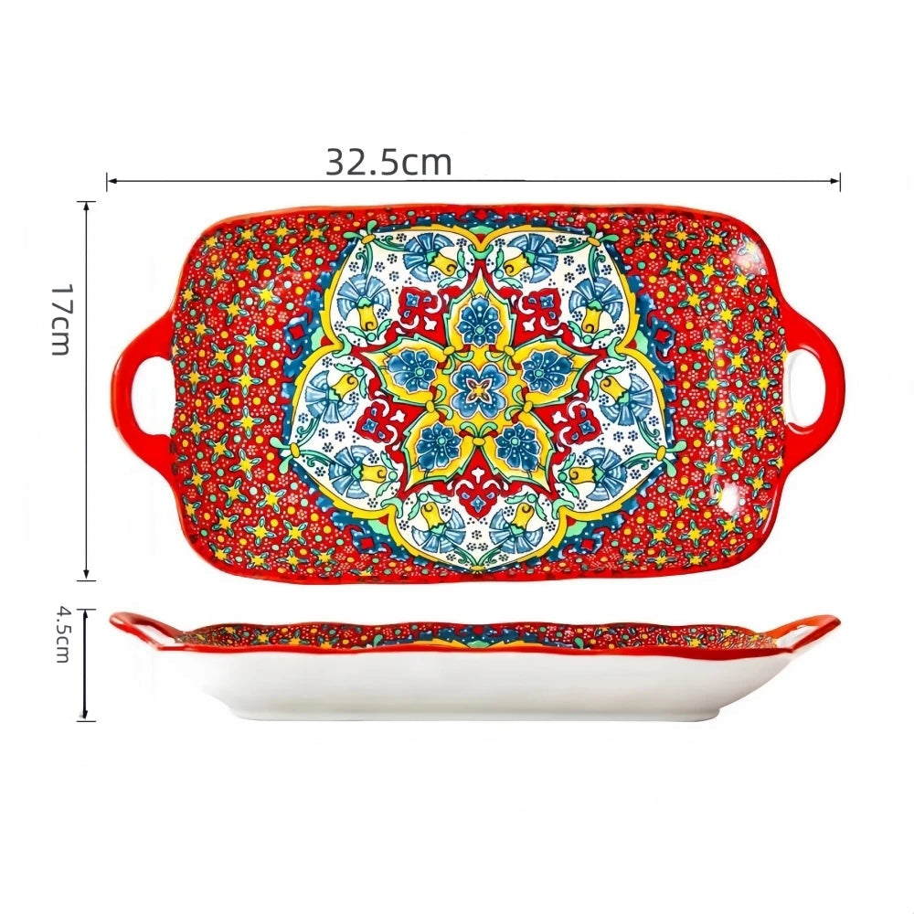 Prato de peixe de cerâmica estilo boêmio com alça: bandeja retangular de mesa de jantar de 12,8 polegadas, adequado para micro-ondas e forno, 1 peça