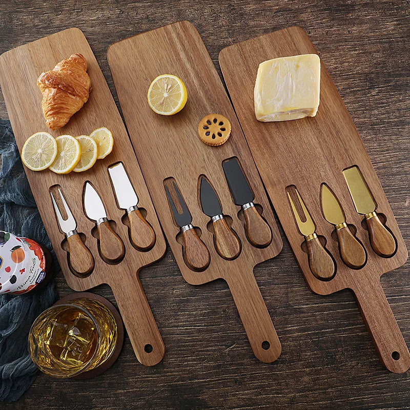 Tábua e Facas Para Queijo em Acácia