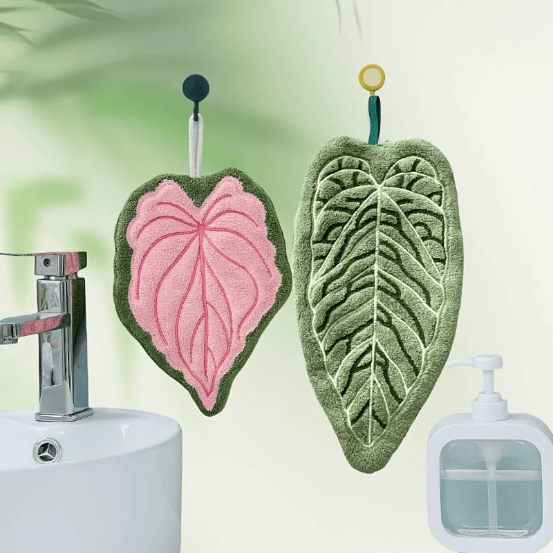 1pc toalha de mão de veludo coral, forma de folha de planta, pode ser pendurada para uso conveniente, superabsorvente, toalha de mão de cozinha e banheiro