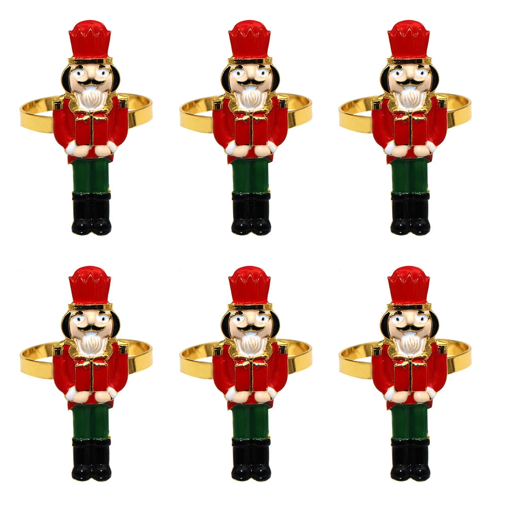 6 pçs anéis de guardanapo de natal árvore de natal floco de neve veados quebra-nozes guardanapo titular fivela de guardanapo de ouro para festa de natal decoração de mesa